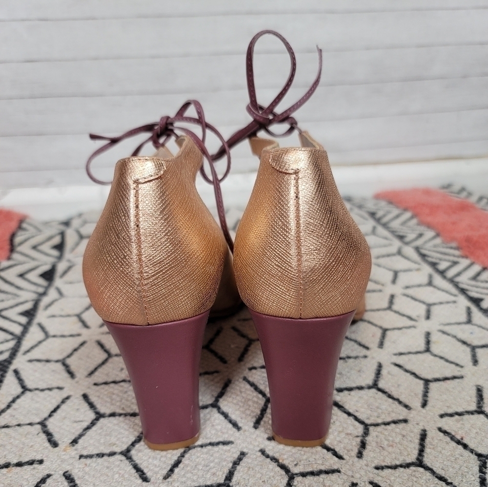 Anthropologie Metallic Rose Gold Pointed Toe Heels with Mauve Ties - Picture 10 of 16
